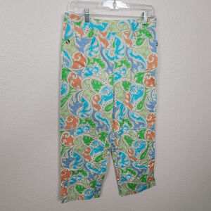 Talbots Vintage Green Blue Orange Paisley Print Cropped Pants Size 8 (2829)